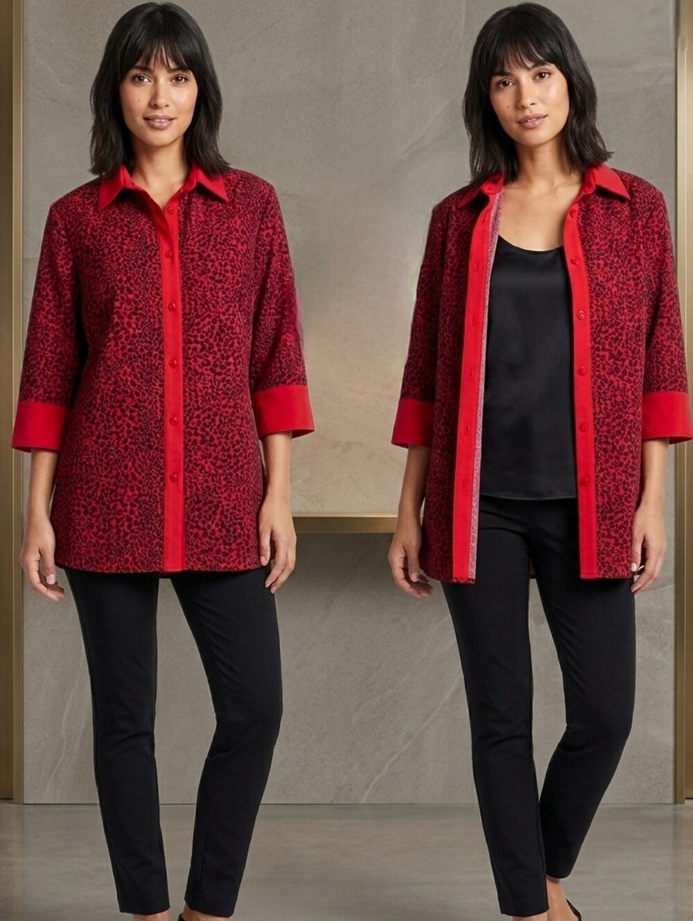 Vintage VIDA PETITES Red & Black Animal Print Button Down Tunic Blouse -size XLP